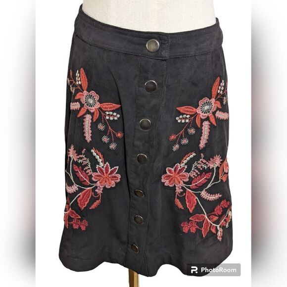 Miami Faux Suede Black Embroidered Skirt - Picture 1 of 7